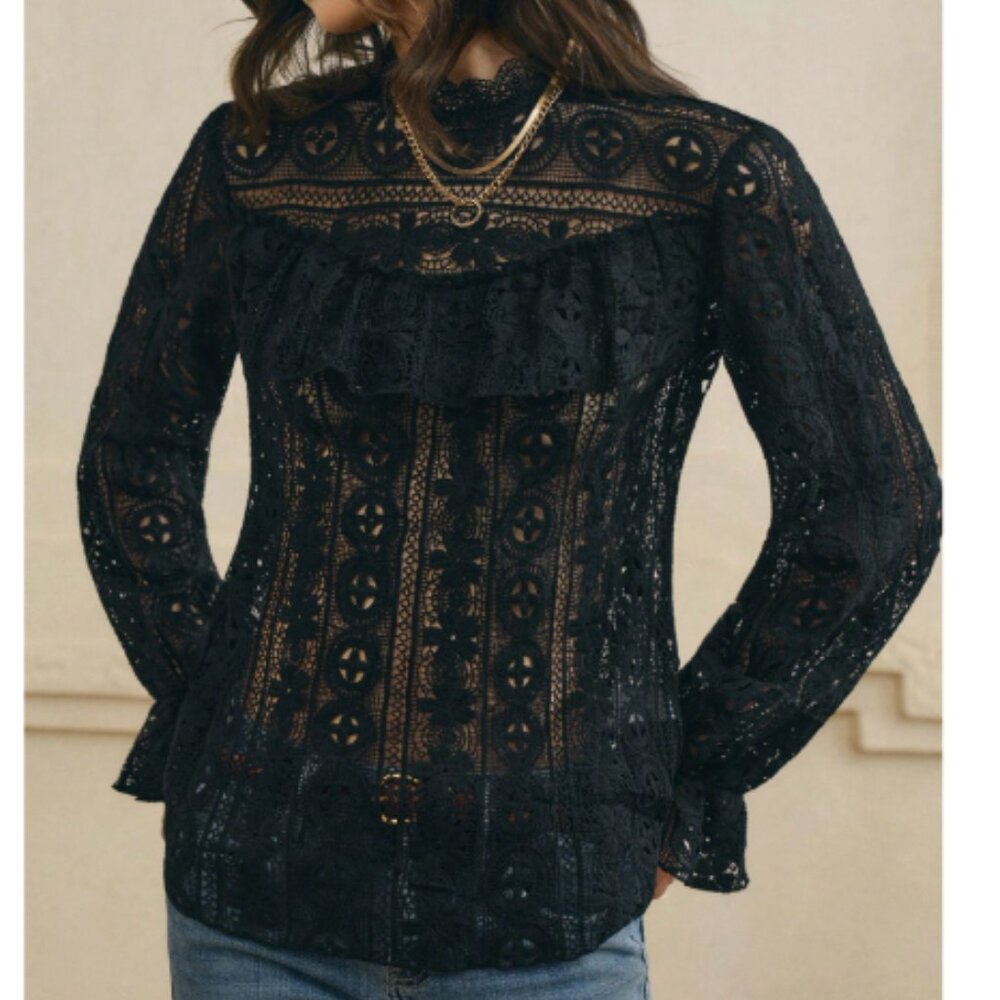 NEW Sezane Style Black Lace Ruffle Long Sleeve Blouse size XL 12